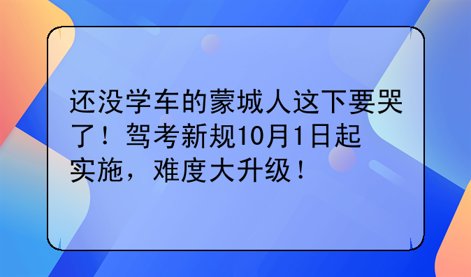 还没学车的蒙城人这下要哭了！驾考新规10月1日起实施，难度大升级！